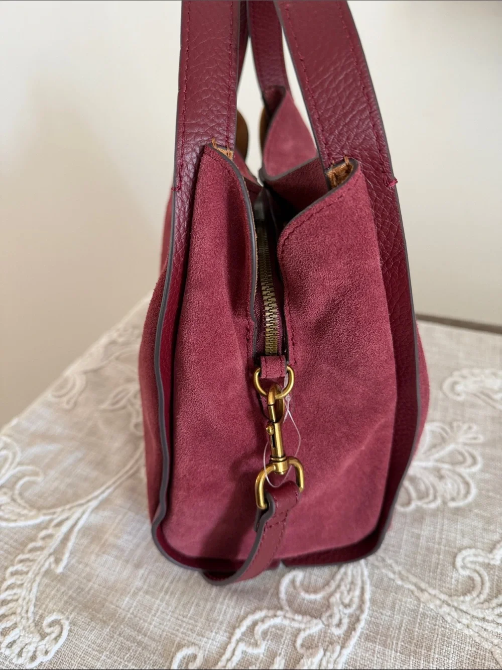 American Leather Co Auburn Suede w/Leather Strap/Handles & Trim Satchel.